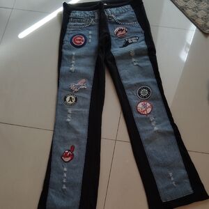 Straight Leg Patchwork Jeans with Team Patch Details - Light Blue & Black
